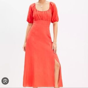 Loft Women’s Coral Puff Sleeve Square Neck Midi Dress Size 14 Milkmaid Linen